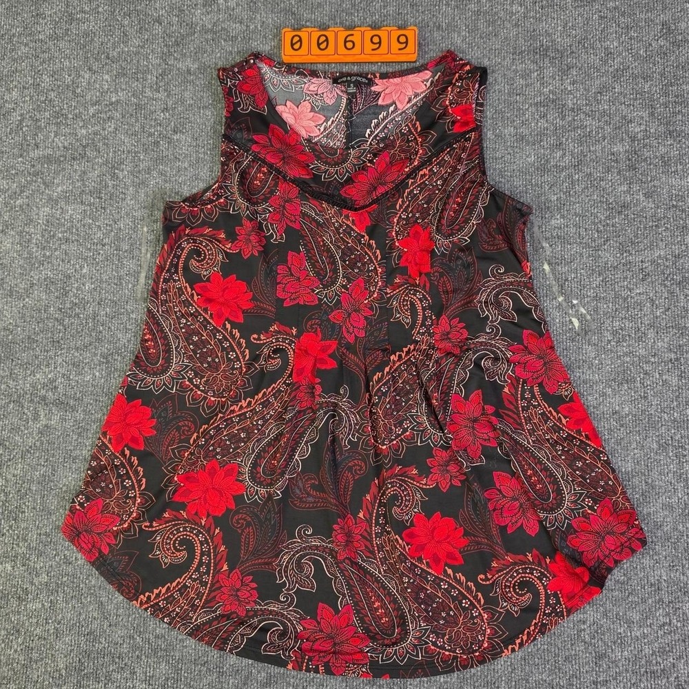 Ava & Grace red and black paisley and floral print blouse with a boho vibe